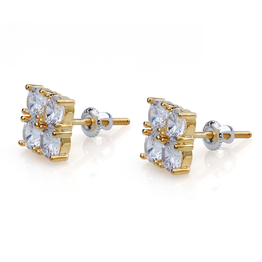 Hip Hop Square Stud Earrings Screw Back Large White Zircon Gold Plated Earrings Vintage Geometric Jewelry