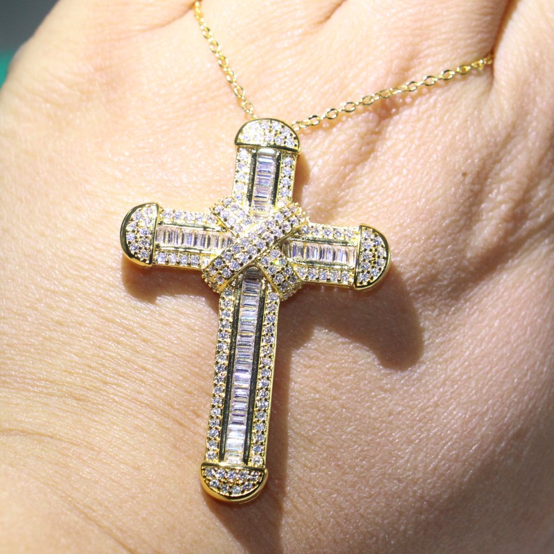 New Sparkling Handmade Fine Jewelry 925 Sterling Silver&Gold Fill Large Small Cross Pendant Christianity Party Clavicle Women Necklace