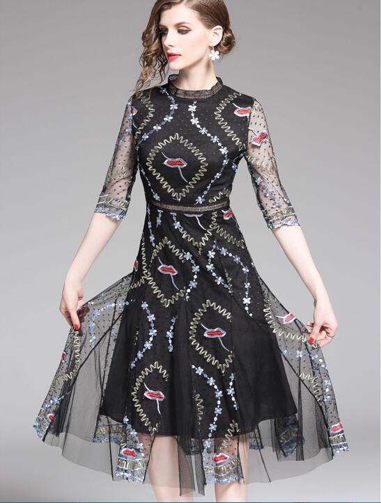 Floral Embroidered gauze black Aline dress Mid-Calf 1/2 sleeve summer street style dresses crew neck lace skirts
Floral Embroidered gauze black Aline dress Mid-Calf 1/2 sleeve summer street style dresses crew neck lace skirts