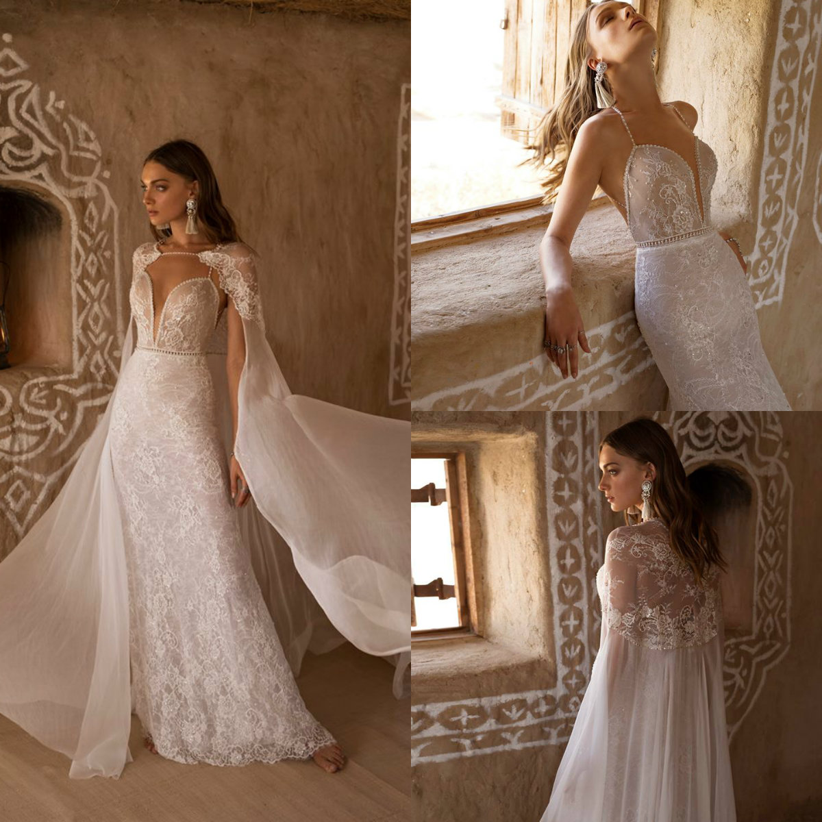 2019 Mermaid Wedding Dresses Spaghetti Lace Applique Beaded Bridal Gowns with Warp Asaf Dadush Summer Boho Wedding Dress