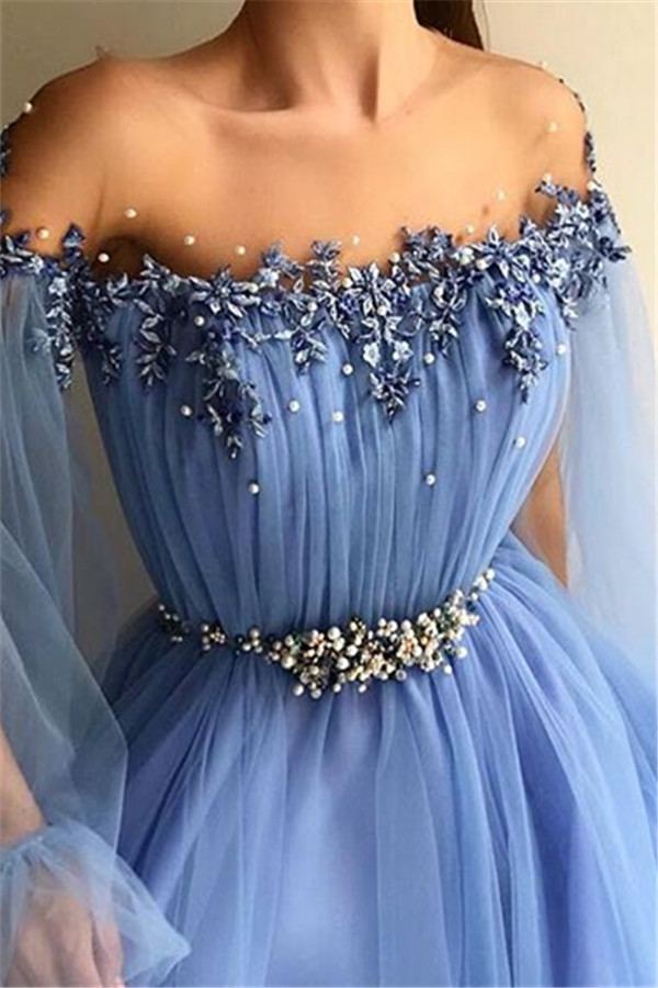 Glamorous Light Blue Prom Dresses 2019 A Line Sheer Neck Long Sleeve Tulle Evening Gowns High Split Quinceanera Dresses robes de soirée