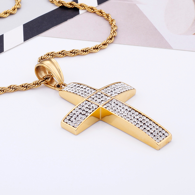 Men Hip Hop Cross Pendants Necklace 316L Stainless Steel Full Cubic Zirconia Setting 18K Gold Plated Jewelry