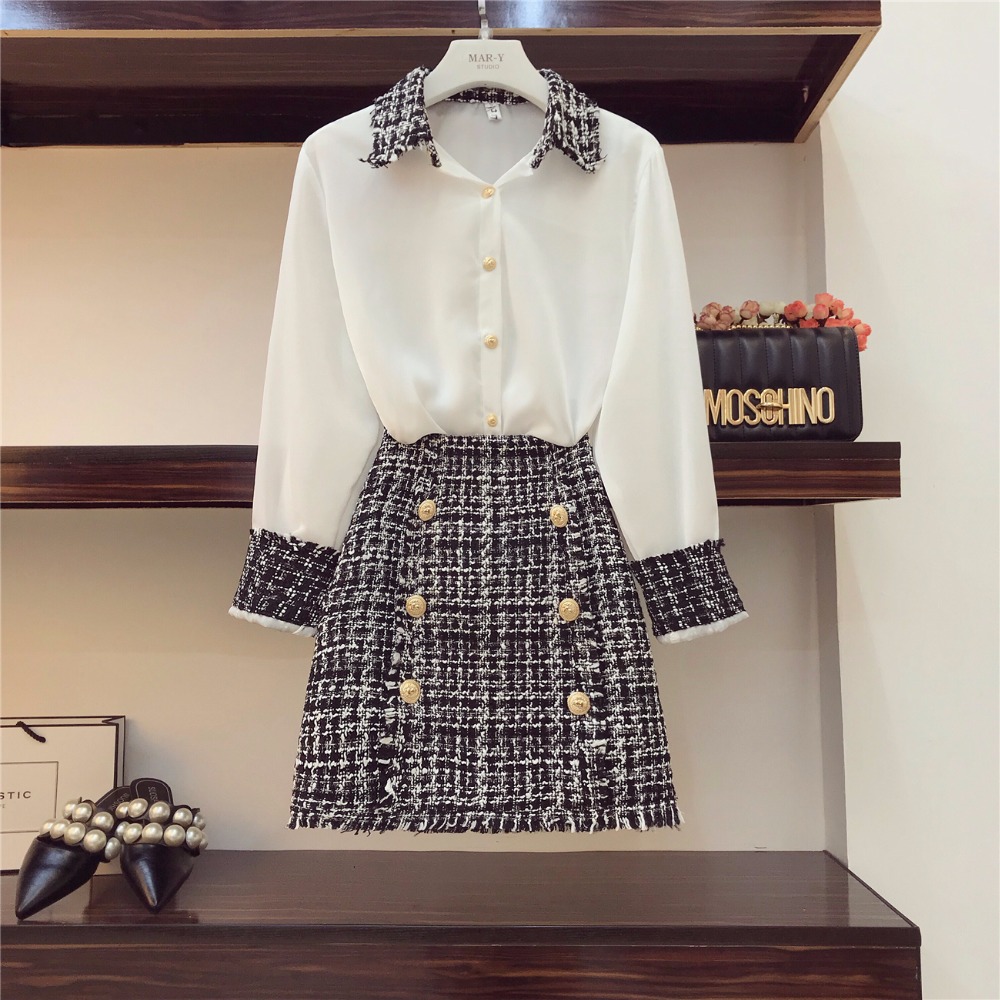2018 Autumn Women Long Sleeves Turn-down Collar Shirts + Tweed Button Design Slim Skirt 2 pcs sets Female Fashion Suits A468, As pic
2018 Autumn Women Long Sleeves Turn-down Collar Shirts + Tweed Button Design Slim Skirt 2 pcs sets Female Fashion Suits A468, As pic