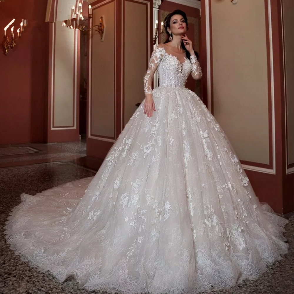 Beading Sequins Appliques Flowers Lace Luxury Princess Ball Gown Wedding Dress With Petticoat Robe De Mariee Princesse Luxe