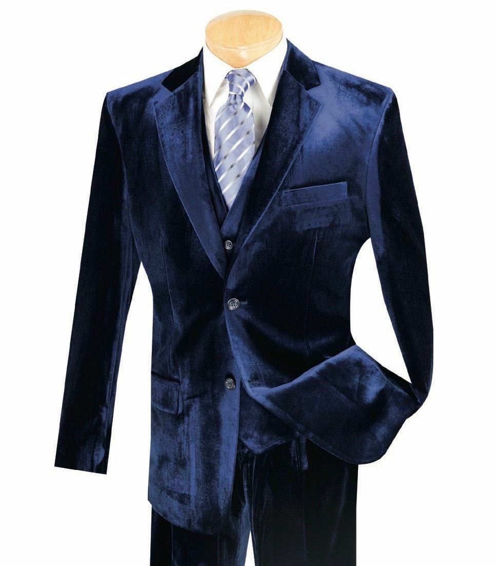 Velvet Navy Blue Notched Lapel Wedding Tuxedo Men's Suit Slim Fit Formal Groom Prom Dinner Leisure Blazer 2 Pieces (Jacket+Pants)