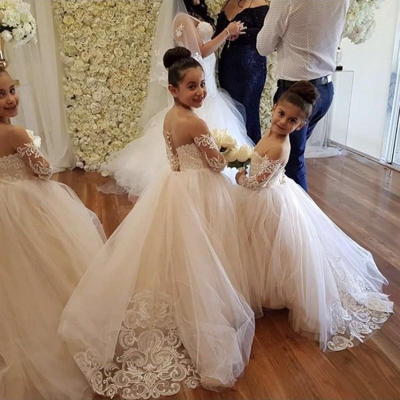 New Cute Flower Girls Dresses Off Shoulder Long Sleeves Lace Applique Tulle Little Girl Party Gowns Formal First Communion Dresses