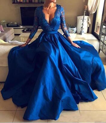 Women Formal Evening Dresses Party Gowns V Neck Lace Appliques Long Sleeve Front Split Prom Dresses