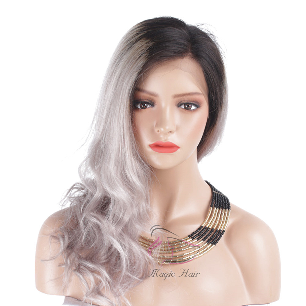 Full Lace Human Hair Wigs Lace Front Human Hair Wig Ombre T1b/grey# Color Wavy Side Part 130% Density Wig