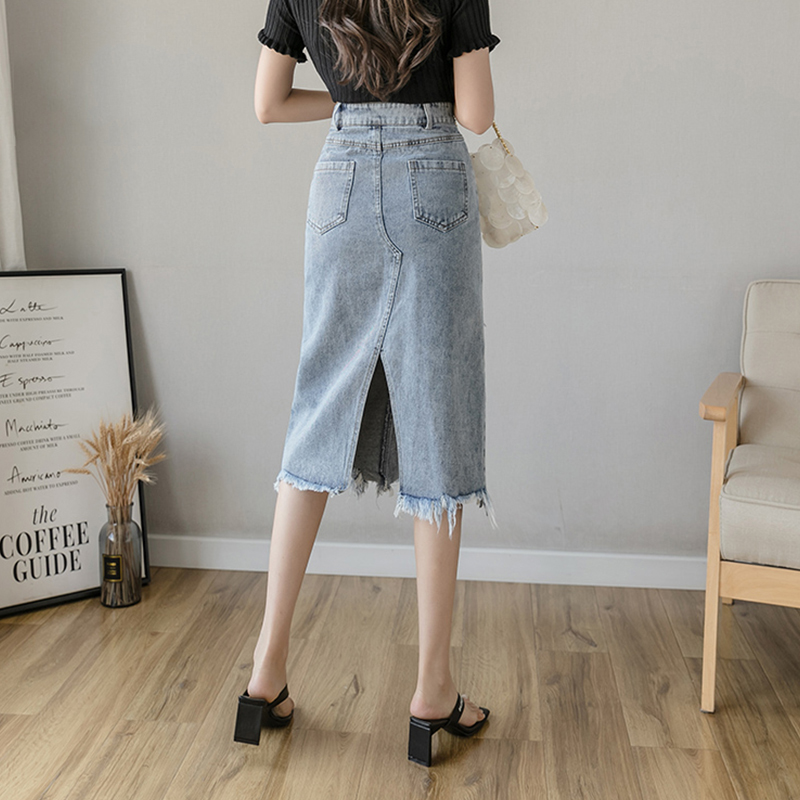 Skirts Ladies Summer Casual Cowboy Women Tassel Split Hem A-line Belt High Waist Denim Skirt Elegant Mid-Calf Office Lady