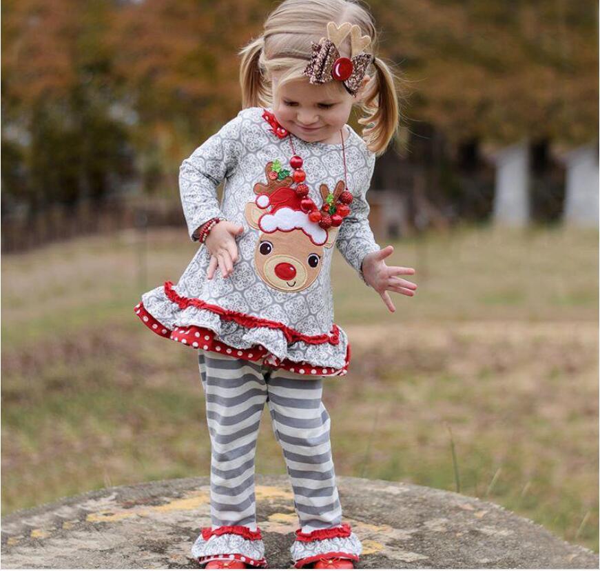 Baby Long Sleeve Milu Deer Print Tops and Strip Pants Set Girl O-Neck Christmas T-shirt and Trousers Suit Kids Clothes Two Pieces KD 001, As picture