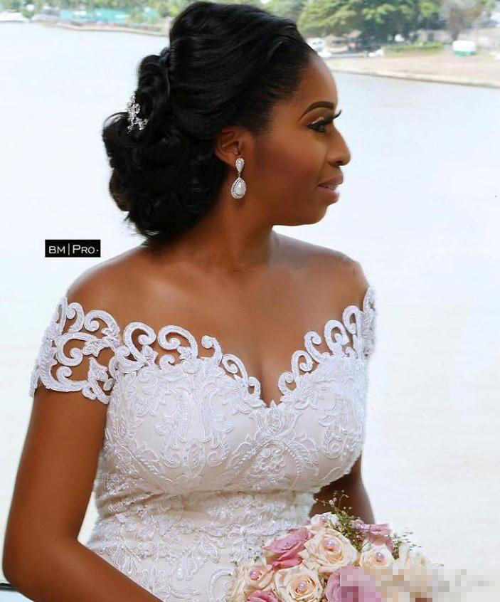 The Off Elegant Shoulder Dresses Lace Applique Capped Sleeves Overskirt Tulle Custom Made Plus Size African Wedding Bridal Gown