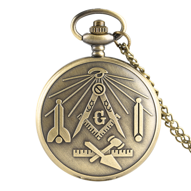 

Bronze Masonic Freemasonry Chrome Square and Compass Mason Retro Analog Quartz Pocket Watch Necklace Pendant Chain Gifts for Freemason