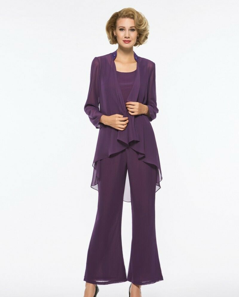 2019 Purple Mother Of The Bride Dresses With Jacket Chiffon Long Sleeve Wedding Guest Dress Pant Suits Plus Size Prom Gowns
