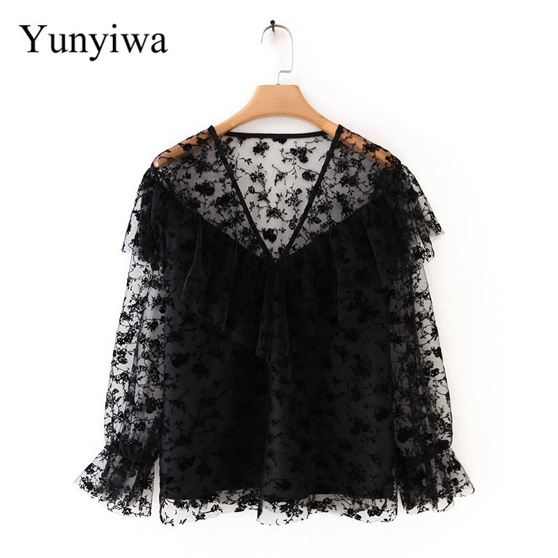 Women Sexy V Neck Cascading Ruffles Casual Black Mesh Shirt Ladies Chic Transparent Blouses Autumn Floral Pattern Tops, As picture
Women Sexy V Neck Cascading Ruffles Casual Black Mesh Shirt Ladies Chic Transparent Blouses Autumn Floral Pattern Tops, As picture