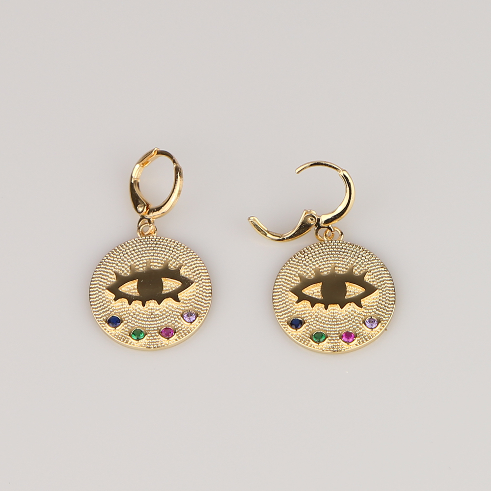 Gold plated round coin drop earring with rainbow cz evil eye engraved fashion women jewelry earrings