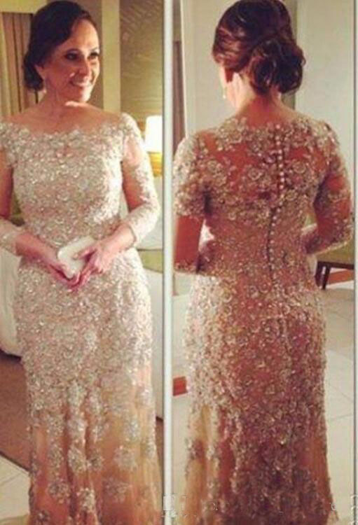 Long Illusion Sleeve Champagne Sheath Mother of the Bride Dresses New Lace Floor Length Party Gowns Custom Appliques Wedding Guest Dresses