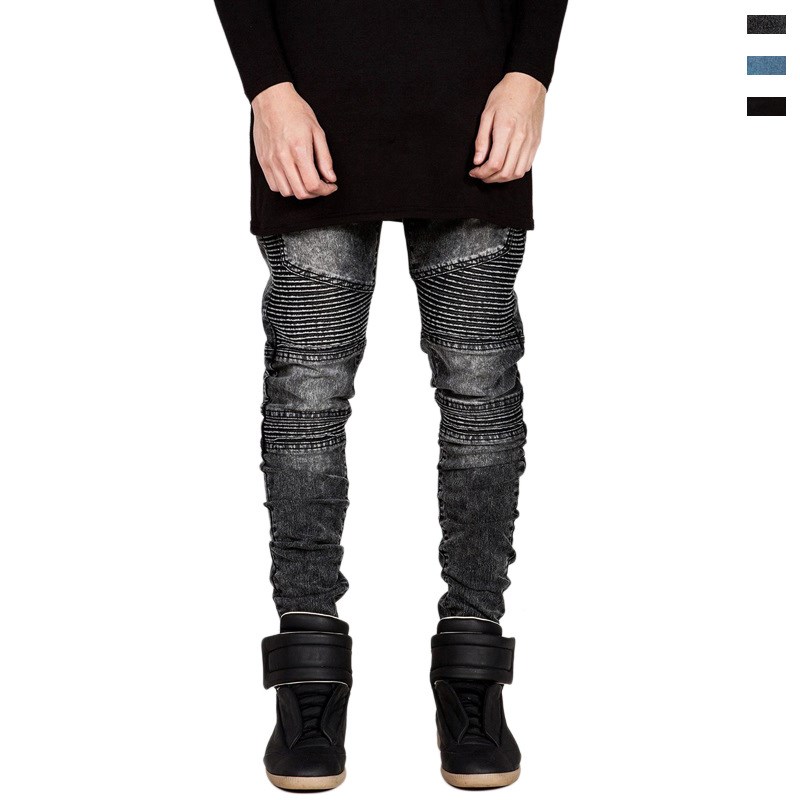 Mens Streetwear Skinny Biker Jeans Motorcycle Jogger Male Hip Hop Skateboard Trousers Slim Fit Stretch Pintunck Denim Pants Pencil Pants