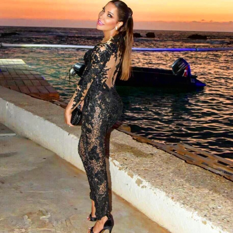 2019 Plus Size Prom Dresses Black Long Sleeve Women Jumpsuits Sheer Lace Applique Beaded Evening Gowns Cocktail Party Dresses Custom Made