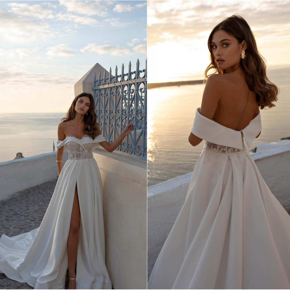 2020 Satin Wedding Dresses Off Shoulder High Side Split Appliques Beads Bridal Gowns Backless Sweep Train A Line Wedding Dress, Pink
2020 Satin Wedding Dresses Off Shoulder High Side Split Appliques Beads Bridal Gowns Backless Sweep Train A Line Wedding Dress, Pink