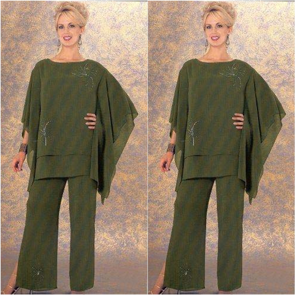 Olive Fashion Mother Pants Suits Cheap Plus Size Chiffon Evening Formal Wear Mother Groom women evening Bridal Trousers Suits