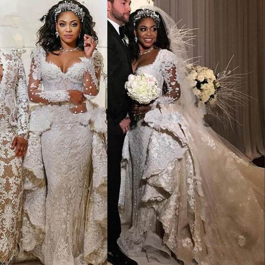 Gorgeous Dubai Lace Mermaid Wedding Dresses With Puffy Detachable Train Ruffles Tiered Bridal Gowns Full Sleeves Wedding Dress