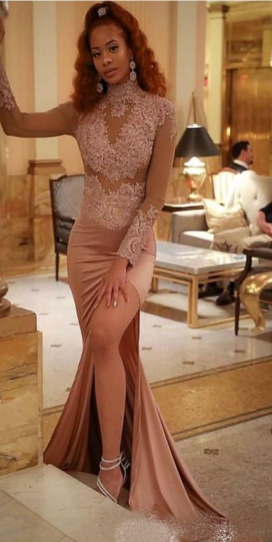 2019 Mermaid Prom Dresses Sexy Lace Appliques High Neck Illusion Long Sleeves Side Split Sweep Train Elegant Formal Evening Dresses