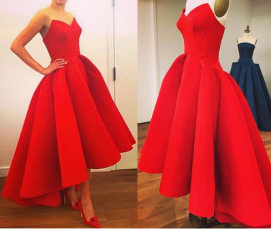 Red Cocktail Dresses Sweetheart High Low Floor Length Satin Ruffles A Line Fomal Party Gowns Custom Made Prom Dress