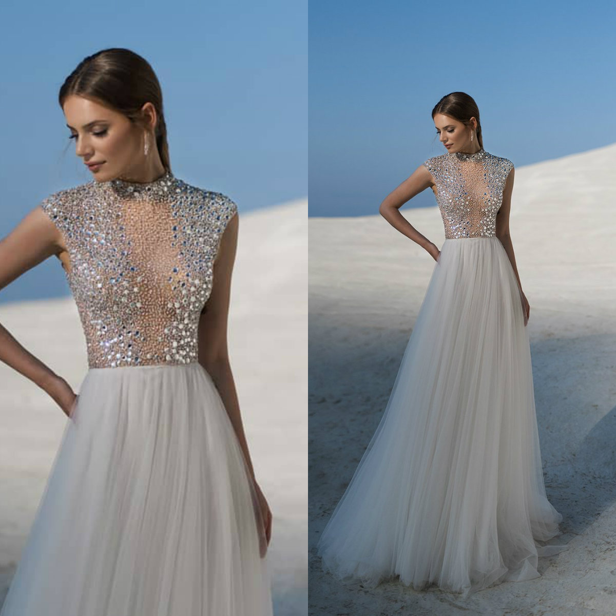 shrakling aline wedding dresses high collar sleeveless crystal beaded sweep train bridal dress tulle custom made robes de marie