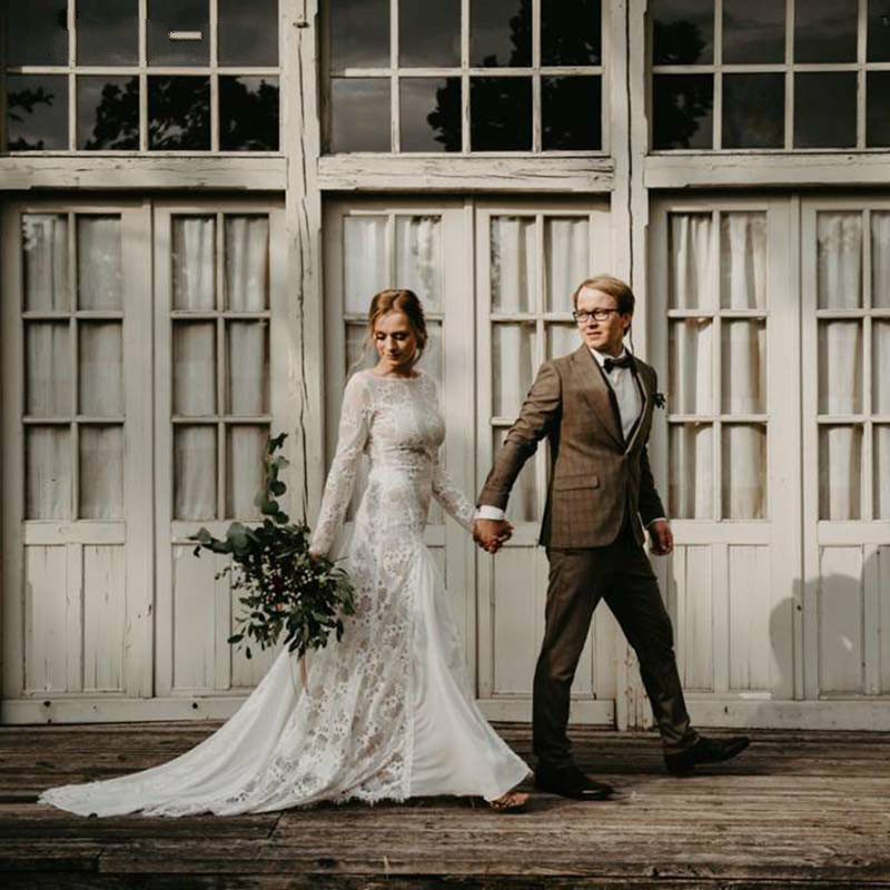 Bohemian Plus Size Mermaid Wedding Dresses Jewel Neckline Long Sleeve Lace Backless Country Garden Bridal Gowns Vestido De Novia 2019 Cheap