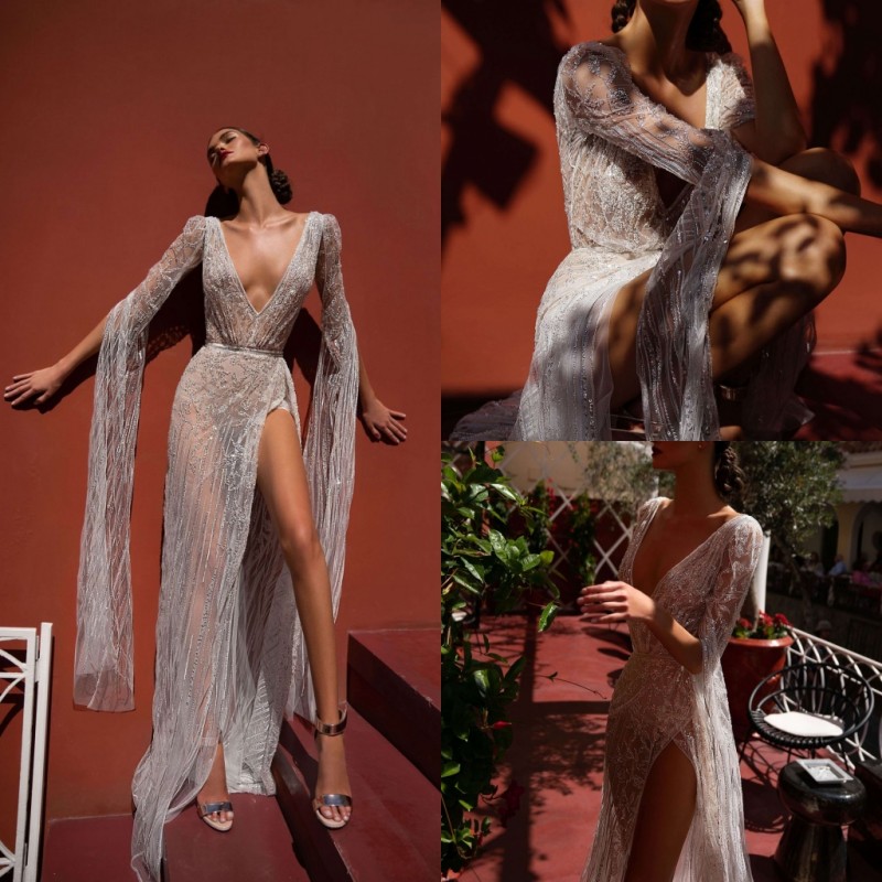 2019 Inbal Dror Beach Wedding Dresses V Neck Lace High Split Illusion Bodice Floor Length Bohemian Wedding Dress Long Sleeve Bridal Gowns