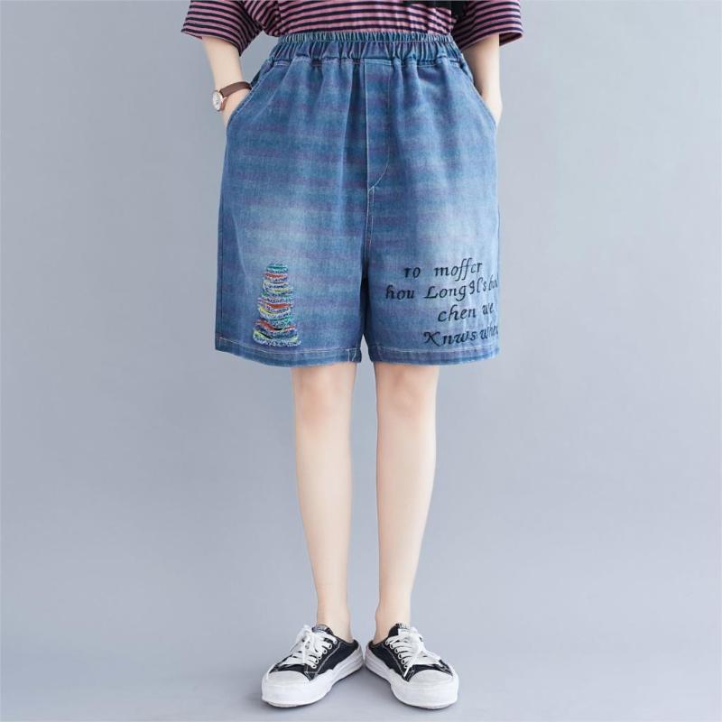 Women's Denim Shorts Classic Vintage Elastic Waist Letter Print Wide Leg Female Casual Summer Half-Length Shorts Jeans Ripped, Blue
Women's Denim Shorts Classic Vintage Elastic Waist Letter Print Wide Leg Female Casual Summer Half-Length Shorts Jeans Ripped, Blue