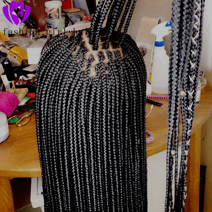 Long Black/brown/blonde /burgundy color box braids wig free part lace frontal braids wig Synthetic Braided Front Lace Women Hair Wig
