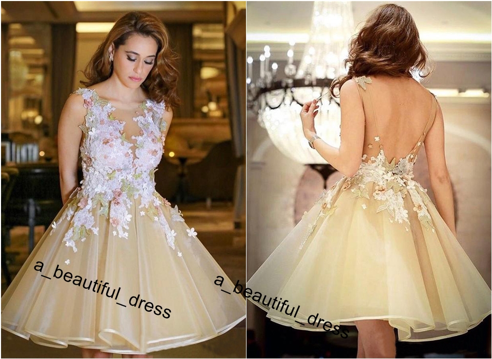 Little Champagne Organza Knee Length Short Cocktail Dresses Sheer Neck Backless Colorful Lace Appliqued Short Prom Formal Party Wear