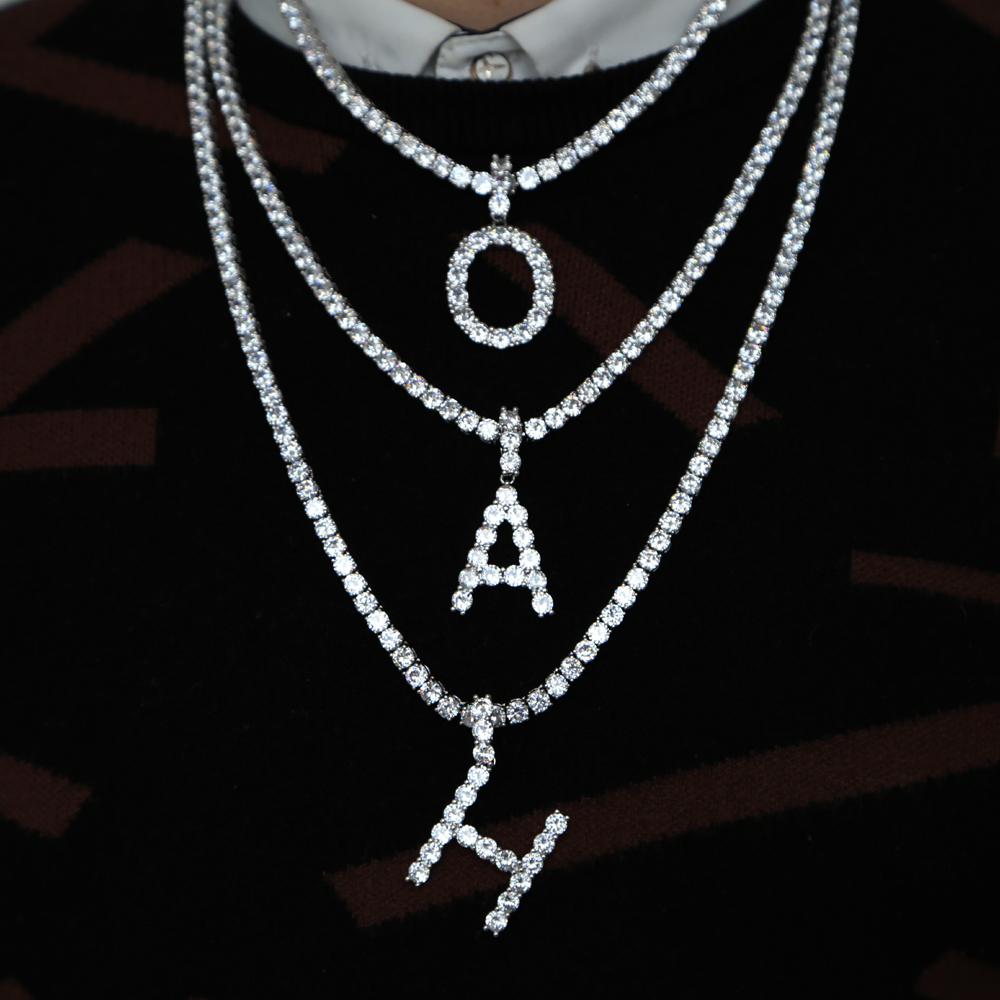 Hip hop A-Z initial cross pendant necklace for men jewelry plated gold silver 5mm cz tennis chain necklaces 26 letter jewelry