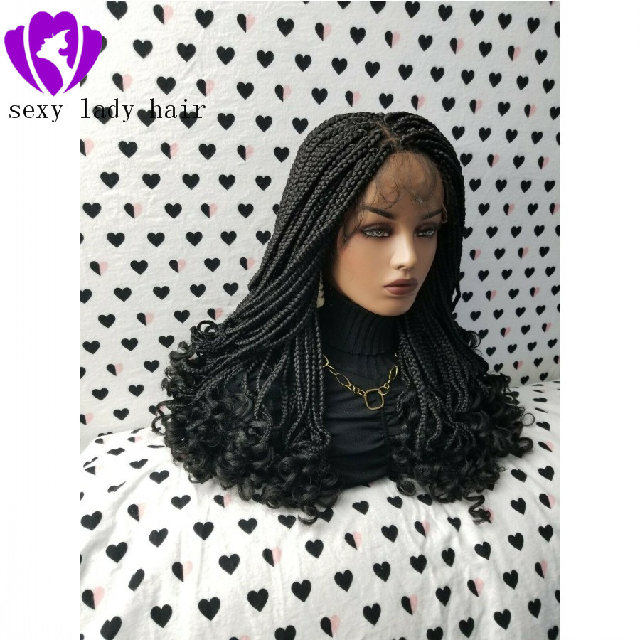 180density full 24inches black/brown /burgundy box braids wig Fully Hand Ponytail synthetic lace front Goddess Braids wig With Curly Tips