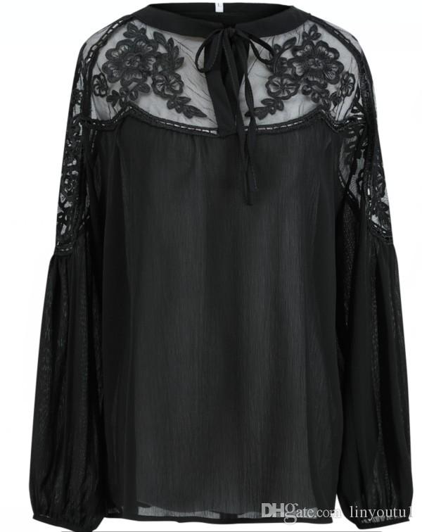women clothes Sexy Lace Mesh Shirt Embroidery Patchwork Women Casual Long Sleeve Tops Chiffon Blouse Ladies Loose Tops Shirts Female