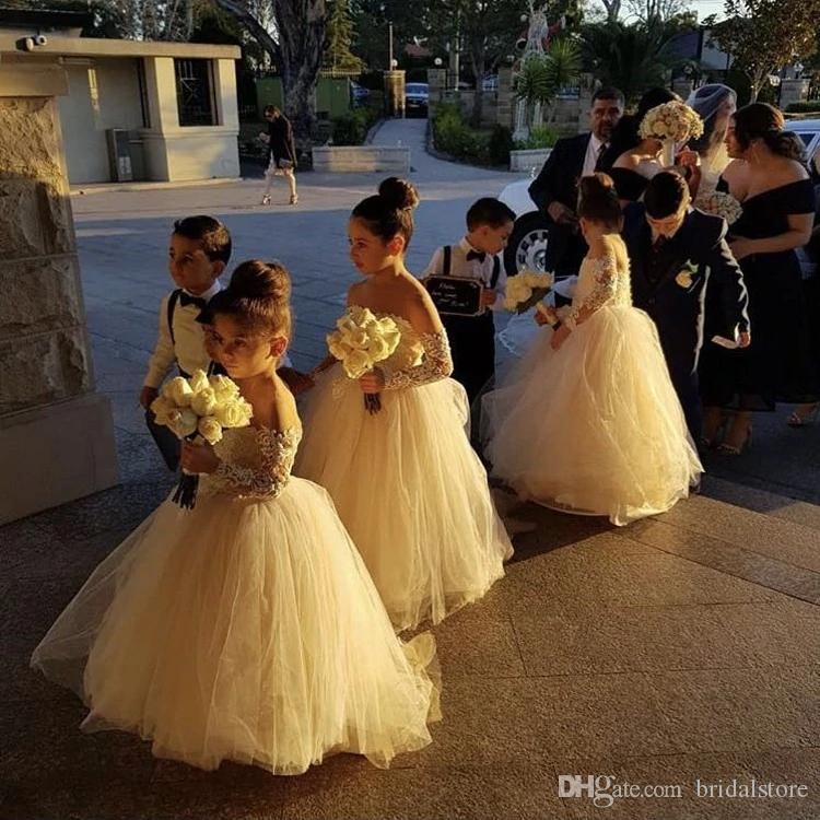 New White Ball Gown wer Girl Sheer Neck Lace Appliqued Kids Wedding Party Dress Long Sleeve Toddler Formal Dresses Custom Made