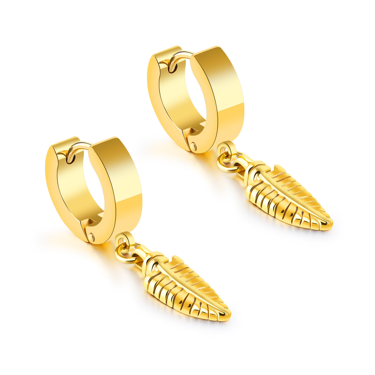 Hip Hop Charm Feather Drop Hoop Stainless Steel Earrings New Style Jewelry Wholesale Gold/Silver/Black