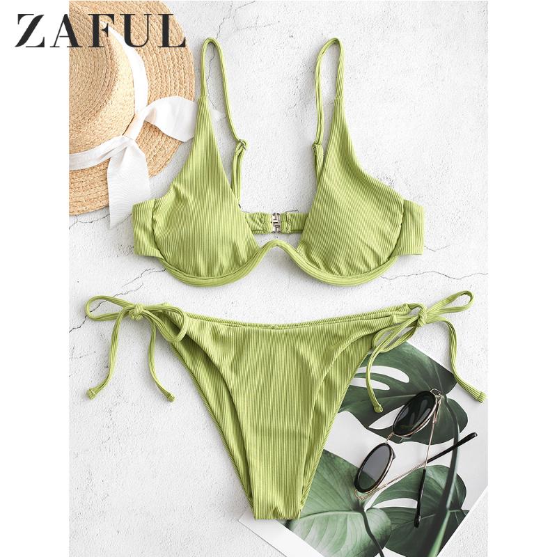 

ZAFUL Ribbed Tie Side Underwire High Cut Bikini Swimsuit Low Waisted Tie Swimwear Women V Wired Solid Padded Bathing Suit Sexy