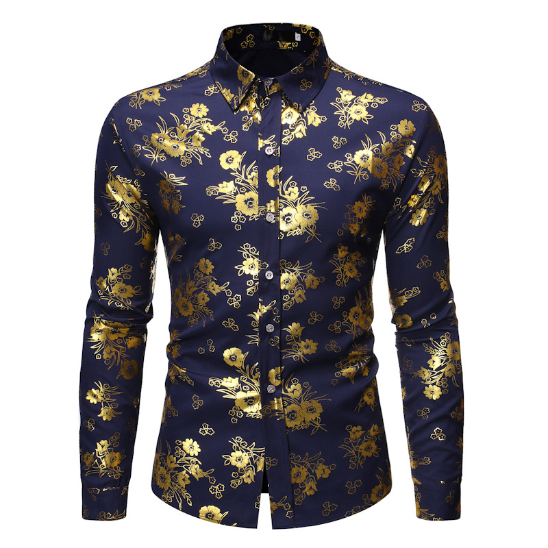 Men's Casual Shirts Fancy Flowered Gold Print Dress Shirt Men 2021 Brand Luxury Design Slim Fit Tuxedo For Club Party Disco