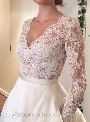 Lace Modest V-Neck Satin Dresses A-Line Long Sleeves Sweep Train Covered Button Bridal Gowns Wedding Dress Vestidos