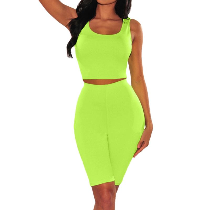 Solid Biker Shorts Tracksuit Women Sleeveless Tank Top Women Sports Suit Elastic Waist Knee Length Pants Two Piece Set