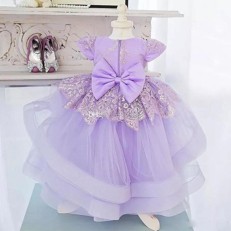 Lavender Flowers Girls Dresses Cap Sleeve Lace Ruffles Tiered Skirts Bow Princess Pageant Gowns For Wedding Prom Party Communion Dress