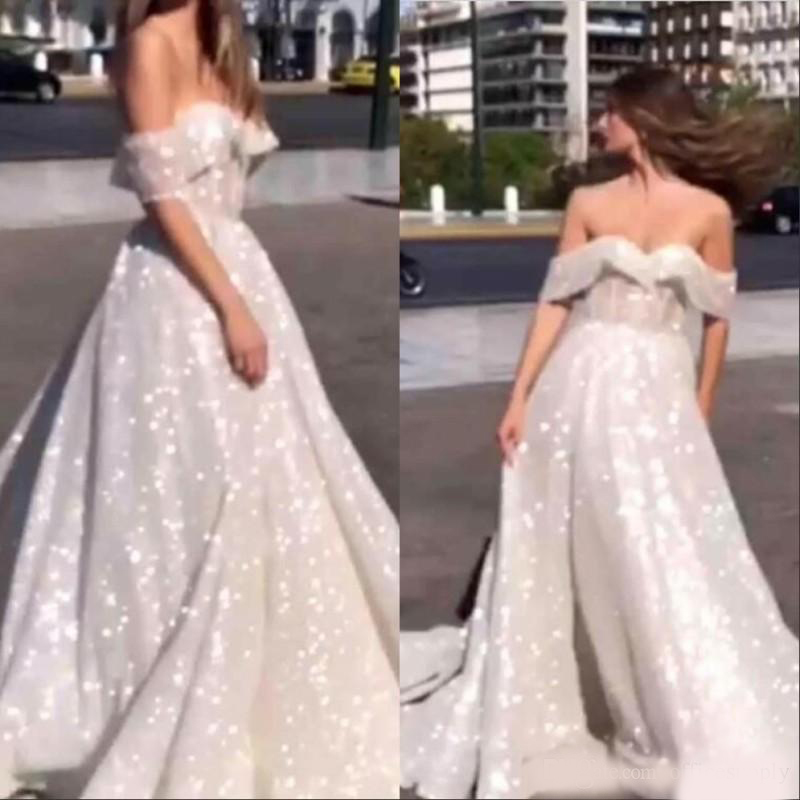 2020 Sparkly Sequined Tulle Arabic Wedding Dresses Glitter Glued Lace Off the Shoulder A Line Puffy Bride Gowns Engagement Chapel Train