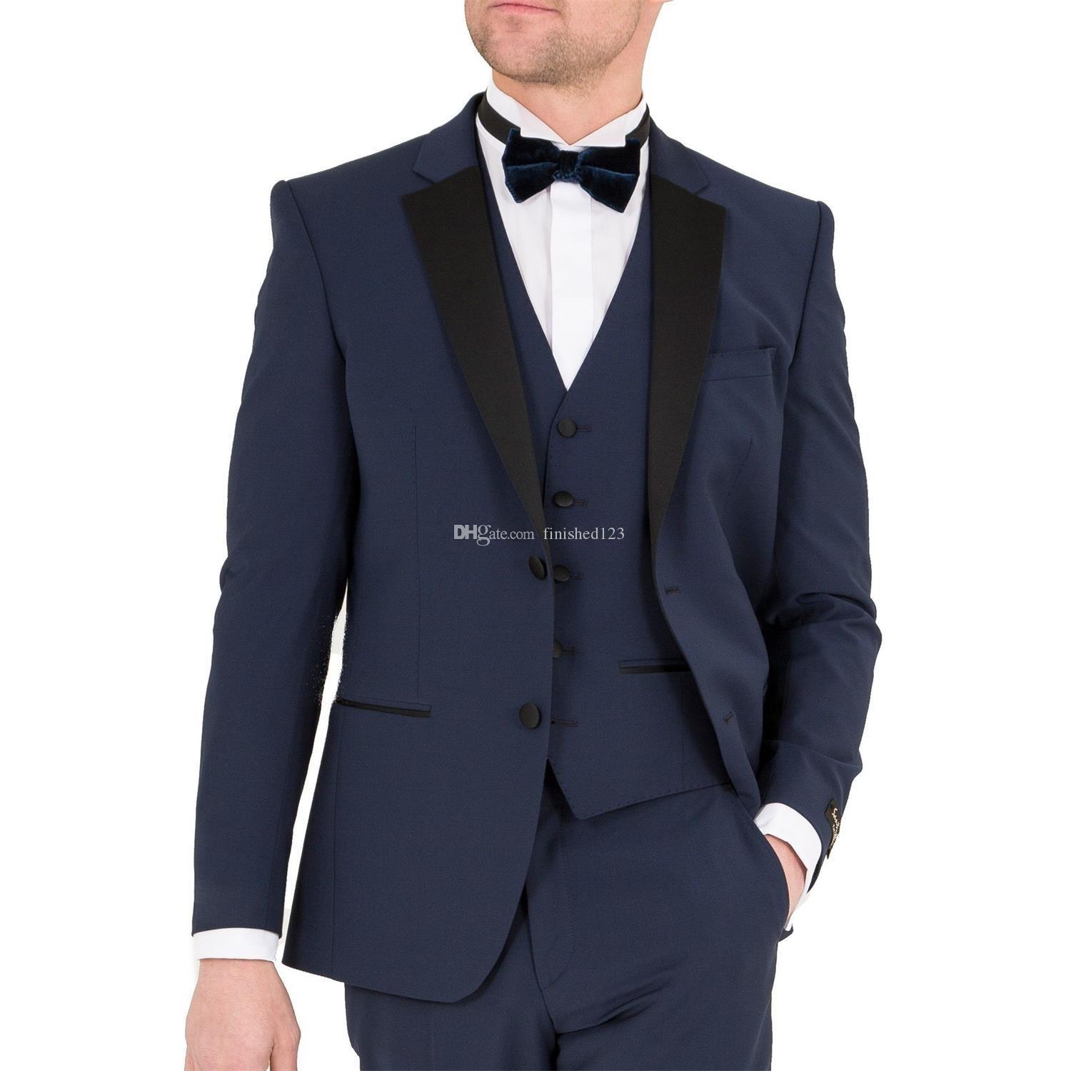 New Popular Two Buttons Navy Blue Groom Tuxedos Notch Lapel Men Suits Wedding/Prom/Dinner Best Man Blazer (Jacket+Pants+Vest+Tie) W235