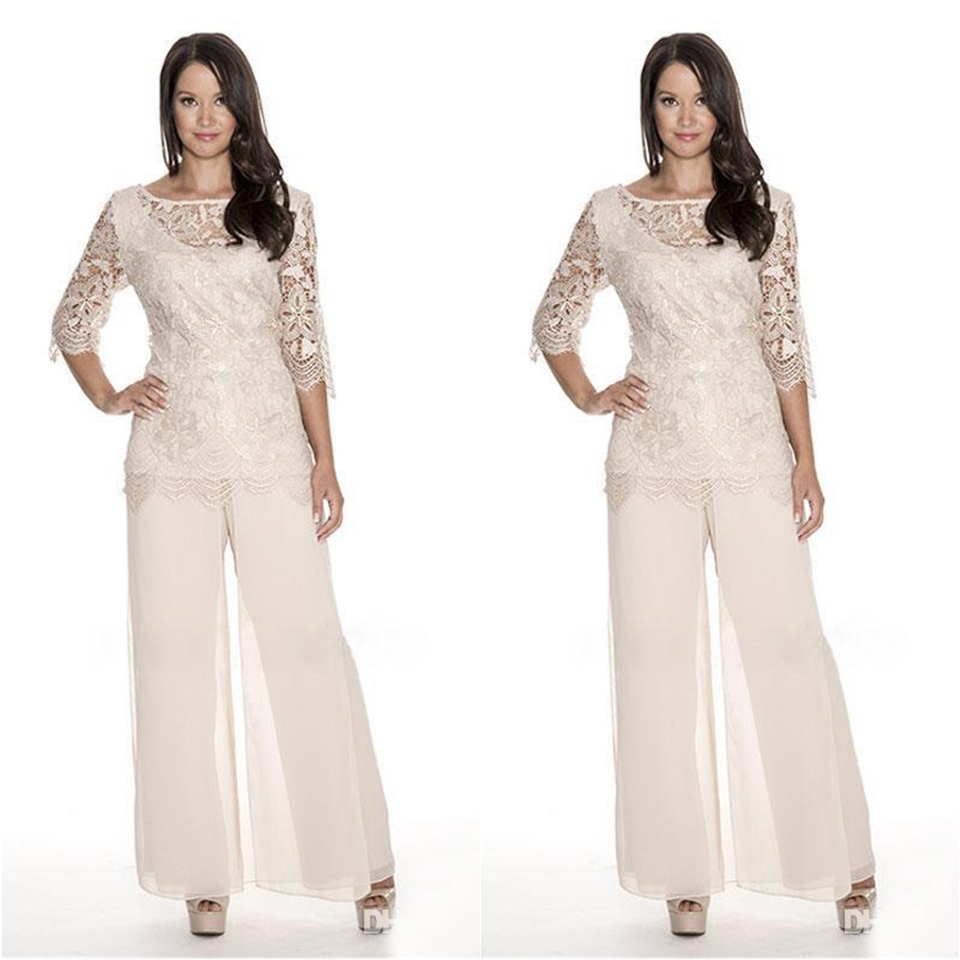 High Quality Lace Mother Of The Bride Pant Suits Sheer Bateau Neck Wedding Guest Dress Two Pieces Plus Size Chiffon Mothers Groom Dresses