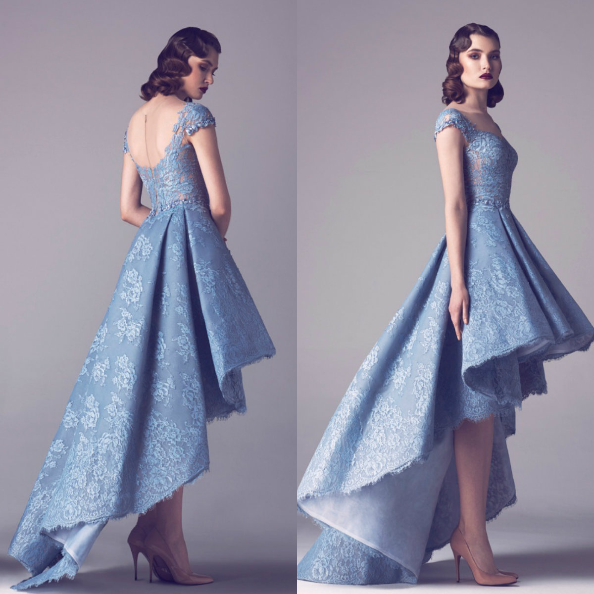 2019 Vintage Lace Prom Dresses Hi Lo Cap Sleeves Beaded Plus Size Evening Dress Fadwa Baalbaki Formal Party Gowns Vestido de Festa