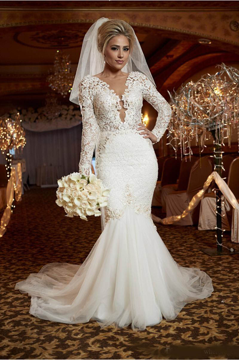 2020 Wedding Dresses Mermaid Style Lace Luxury Pearls Trumpet Wedding Gowns Garden Bridal Gown Long Sleeves Deep V Neck Inspired Arabic