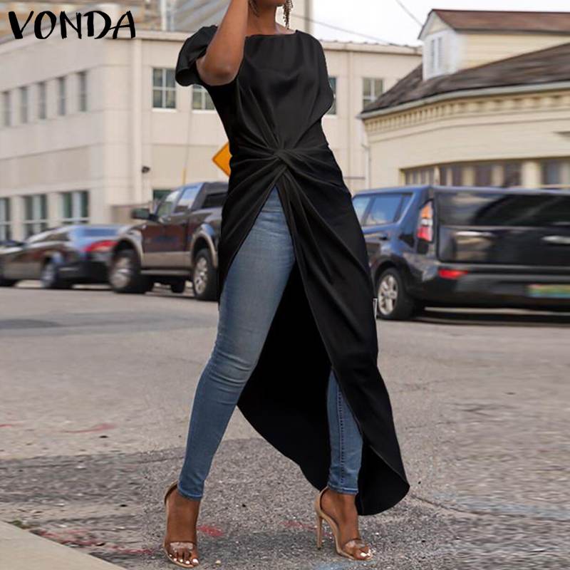 VONDA S-5XL Summer Tops Women Blouse Sexy Split Hem AsymmetricalParty Blouse Casual Loose Long Shirts Female Blusa Tunic