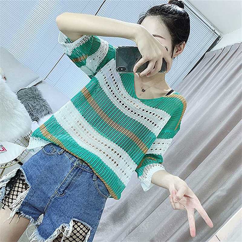 Spring and Summer New Striped Openwork Sweater, Five-point Sleeve Sweater, V-neck Thin Blouse Sunscreen, Summer Sweater, Blue
Spring and Summer New Striped Openwork Sweater, Five-point Sleeve Sweater, V-neck Thin Blouse Sunscreen, Summer Sweater, Blue